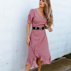 Kittenish Macy Mauve Polka Dot Ruffle Hem Dress XS